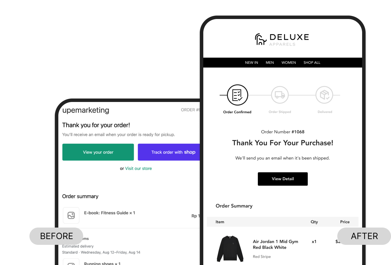 Before and after comparison of default Shopify notification vs custom branded Shopify order confirmation email