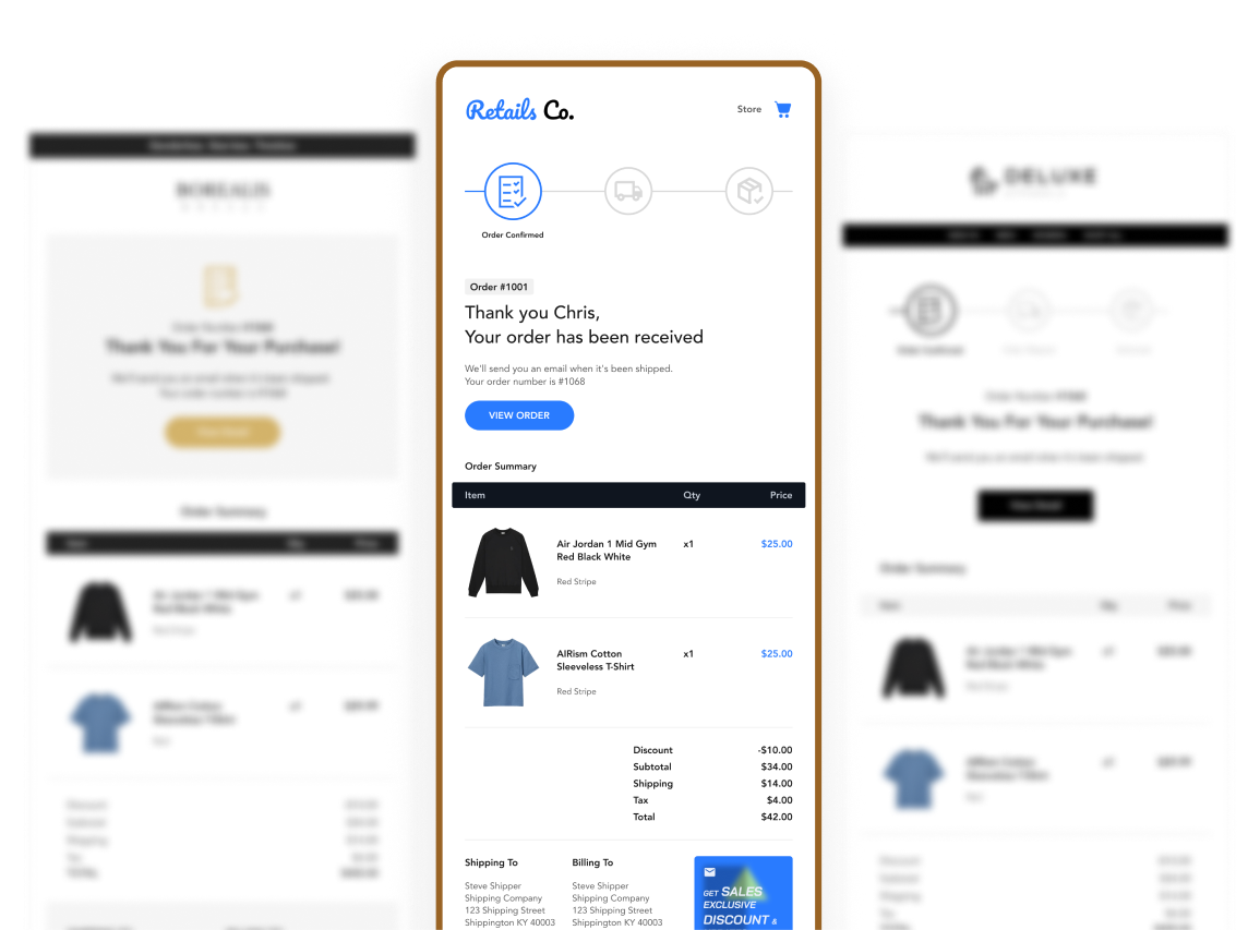 Custom Shopify notification email templates showcase including Shopify order confirmation email and shipping updates