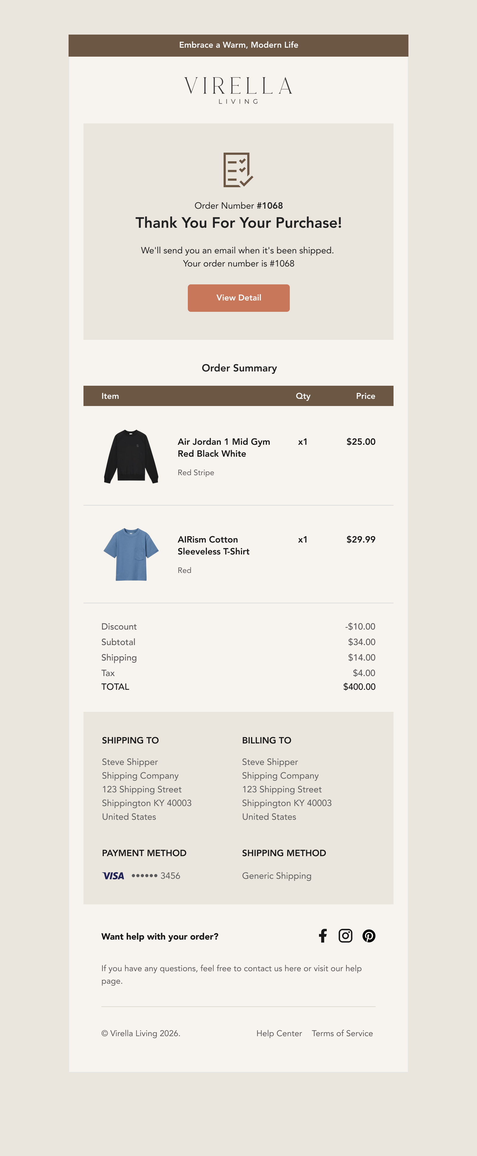 Virella Living custom Shopify shipping confirmation and order notification email