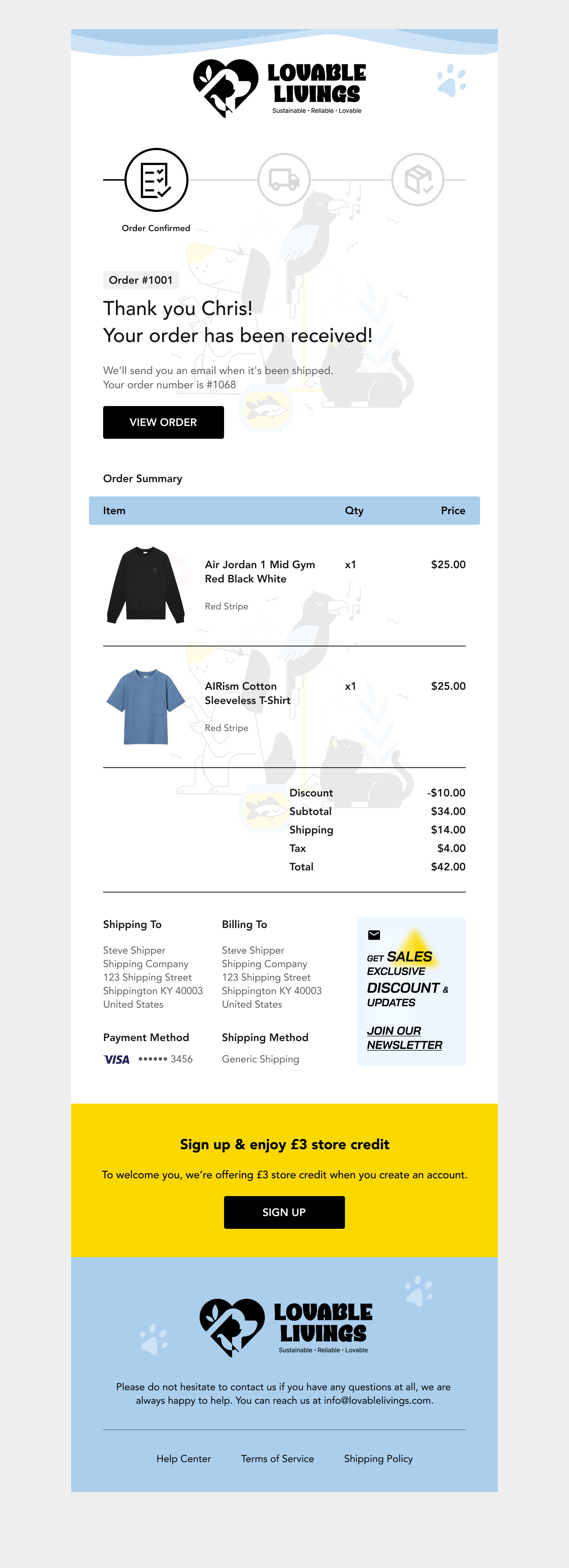 Lovable Livings Shopify order confirmation email notification template