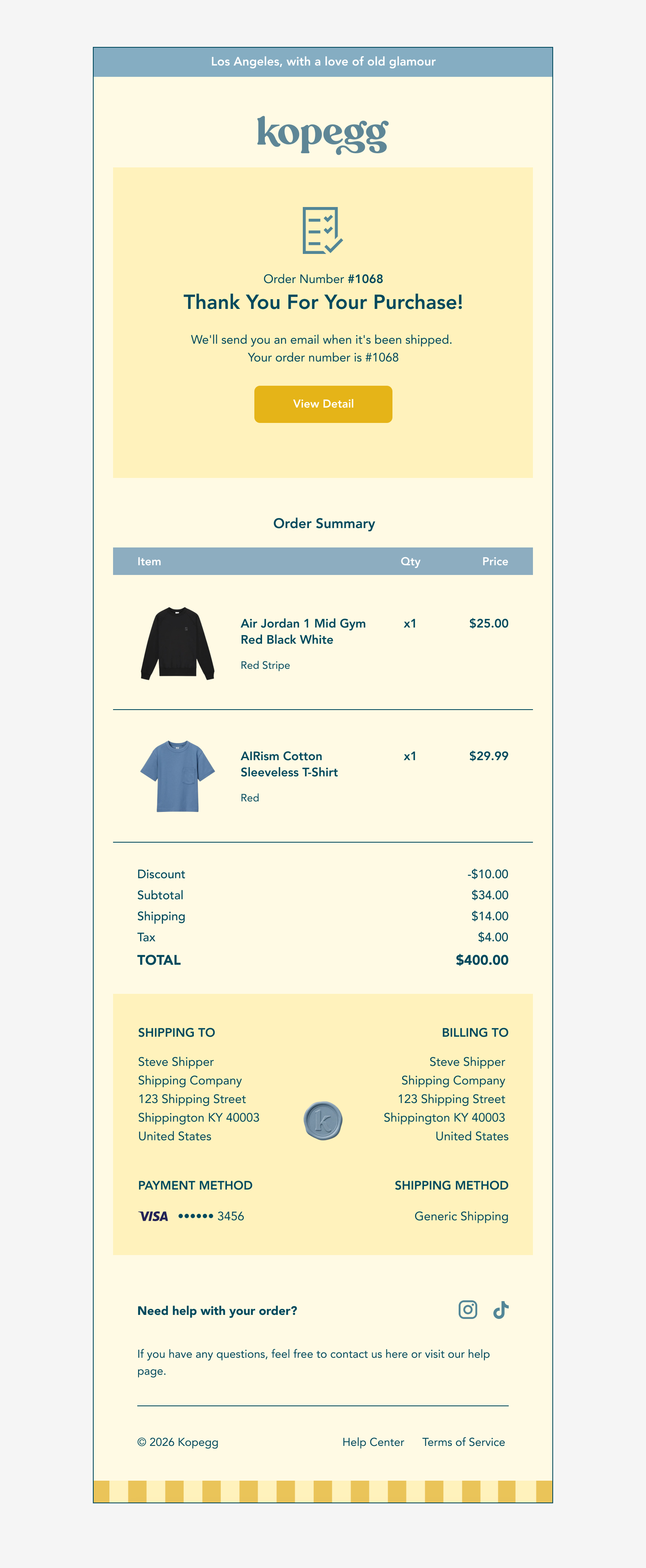 Kopegg Shopify customer notification email and order receipt template