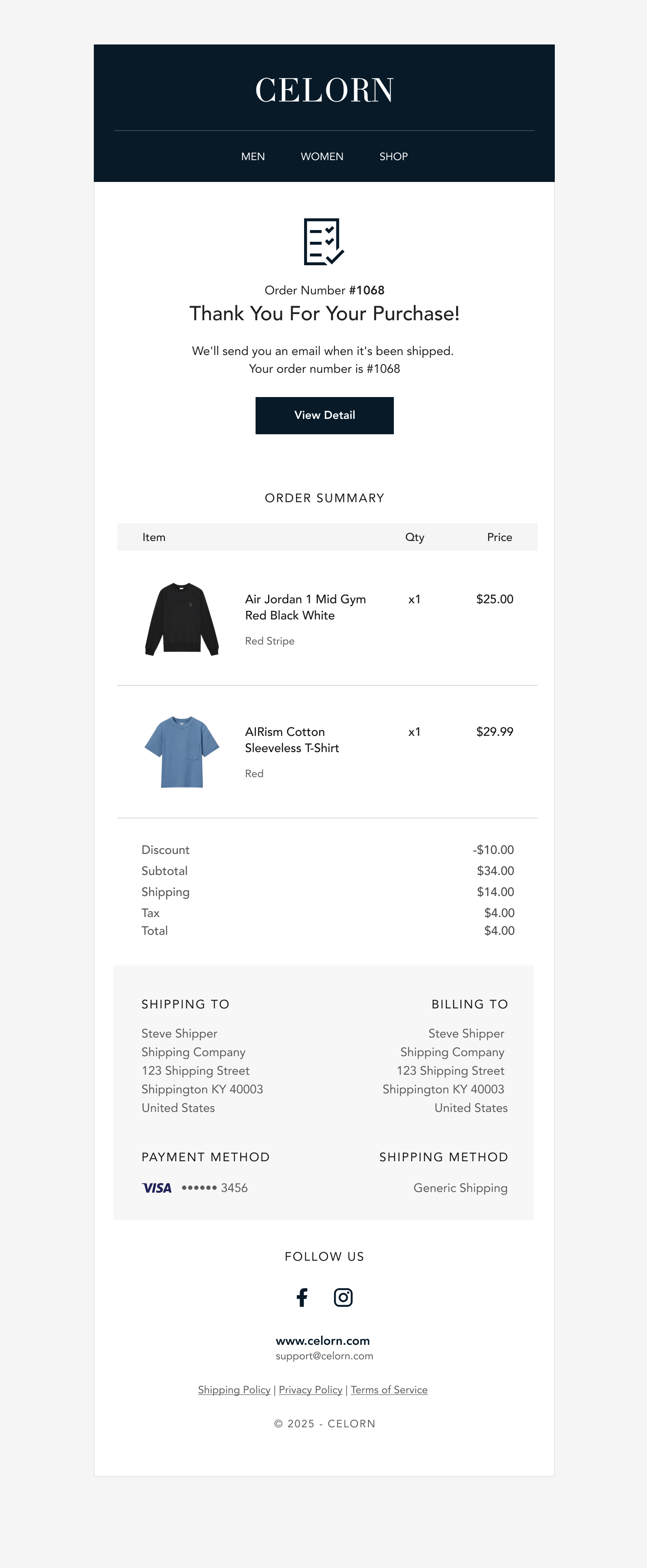Celorn luxury fashion Shopify order confirmation email template