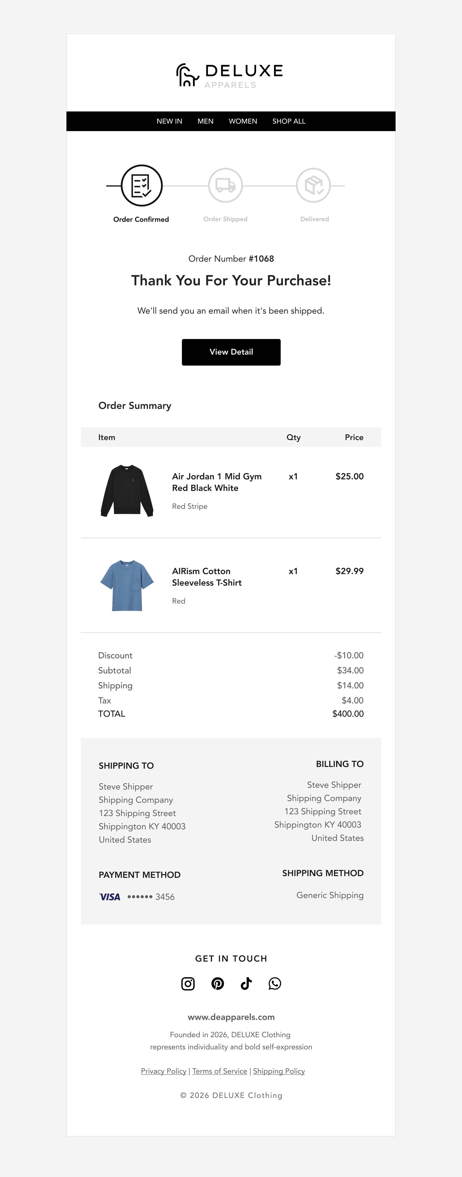 Deluxe Apparels streetwear Shopify order confirmation and shipment tracking email